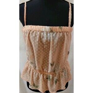 Dynamite Peplum Swiss Dot Floral Strappy Womens Top Size M Peach Elastic Waist